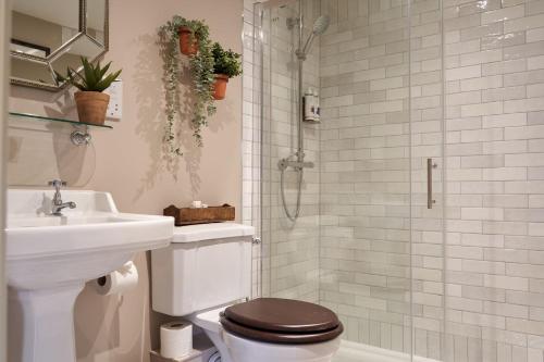 a bathroom with a toilet and a shower and a sink at The Langford Inn in Langford