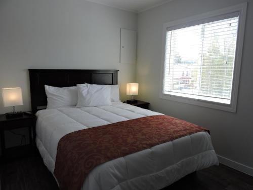 a bedroom with a large bed with a large window at Almo Court Motel in Cranbrook
