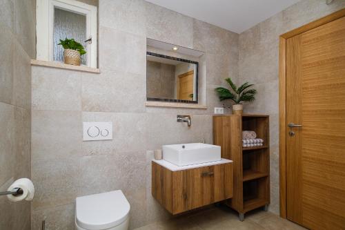 a bathroom with a sink and a toilet and a mirror at Apartments Balach in Poreč