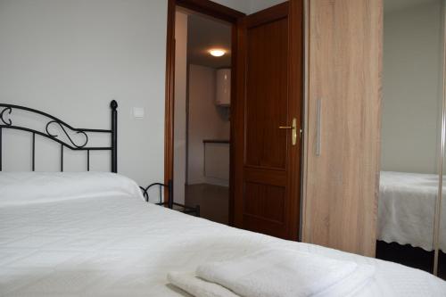 a bedroom with two beds and a wooden door at La Fuente de la Quintana in Arredondo