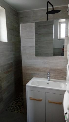 ein Bad mit einem Waschbecken und einem Spiegel in der Unterkunft maison en pierre de pays in Ségrie