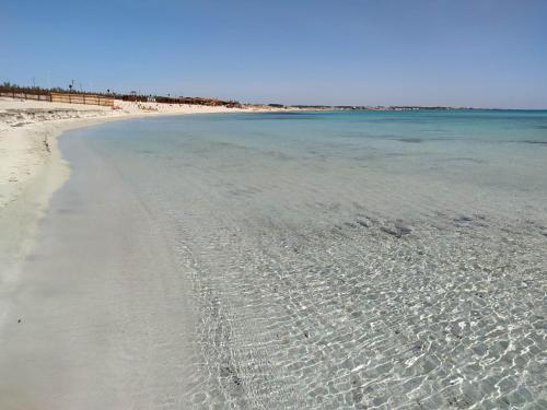 a sandy beach with footprints in the water at B&B Puglia d'aMare in Lizzano