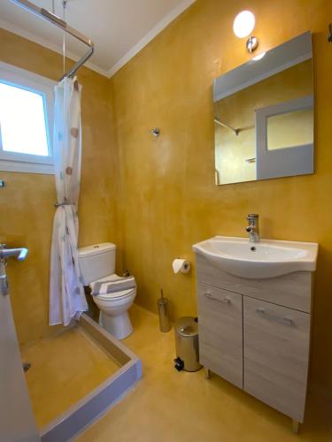 a bathroom with a toilet and a sink and a mirror at Sea House Kitries in Kitriaí