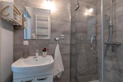 uma casa de banho com um lavatório e um chuveiro em TriApart Amber Jantar V em Jantar