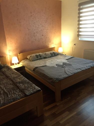 帕萊的住宿－Apartman Perkovic，一间卧室配有两张床和两盏灯。