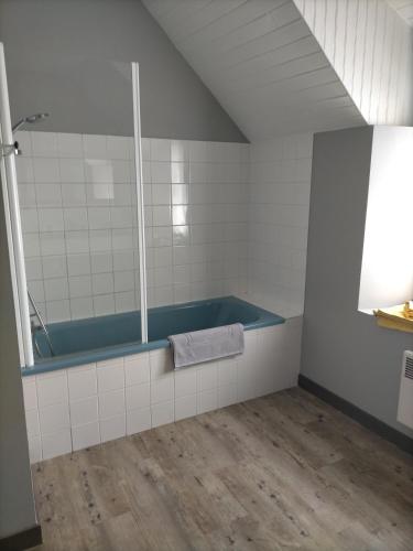 a bathroom with a bath tub and a mirror at Le gîte des Serres in Parné-sur-Roc
