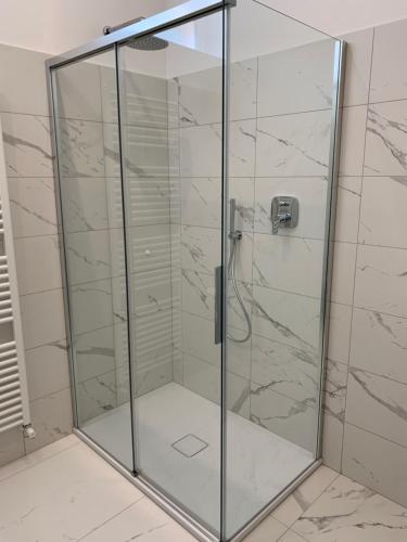 a shower with a glass door in a bathroom at Residence Molinari Lake Como in Lezzeno