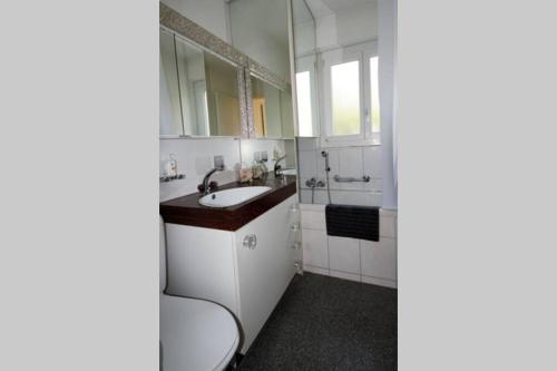 ein weißes Bad mit einem WC und einem Waschbecken in der Unterkunft Turicum Apartment mit Balkon und Parkplatz in Zürich