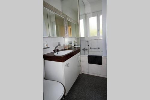 a white bathroom with a toilet and a sink at Turicum Apartment mit Balkon und Parkplatz in Zürich