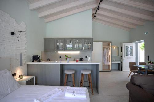 a kitchen and living room with a counter and a bar at Paxos Luxury Living Junior Suites in Gaios