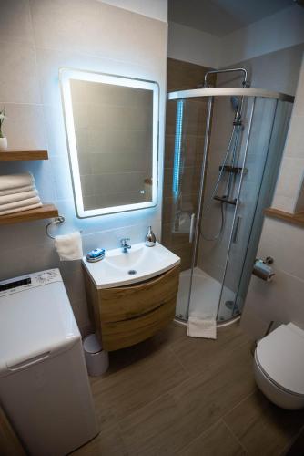 a bathroom with a sink and a shower and a toilet at N & D in Šibenik