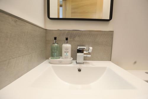 a bathroom sink with two bottles on top of it at Garden Studio in Biggar in Biggar