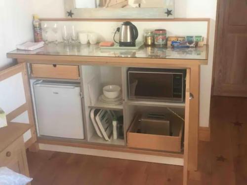 a kitchen counter with a microwave and a tv at Stunning Scandi Style Room Overlooking Lake Wanaka in Wanaka
