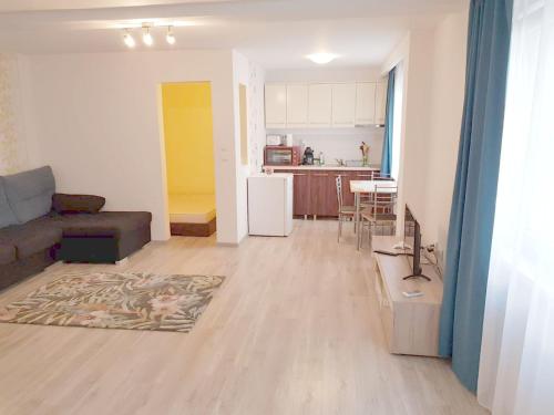 a living room with a couch and a kitchen at Apartament 1 Central in Târgu-Mureş