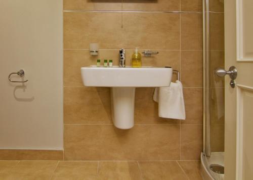 a bathroom with a white sink and a shower at Escape Ordinary at Castle Hume in Enniskillen