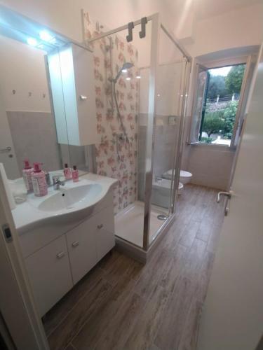 ein Bad mit einer Dusche, einem Waschbecken und einem Spiegel in der Unterkunft Appartamento Viola in Pietra Ligure