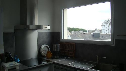 a kitchen with a sink and a window with a view at residence arromanche in Vannes