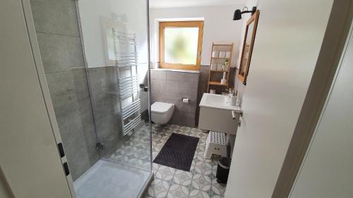 uma casa de banho com um chuveiro, um WC e um lavatório. em Traumhafte Gartenwohnung in Überlinger Hanglage - Zur goldenen Kiwi em Überlingen