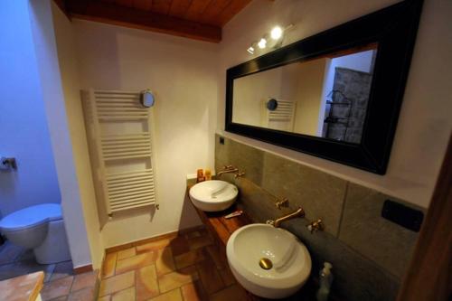 uma casa de banho com um WC, um lavatório e um espelho. em casa storica em Francavilla Marittima