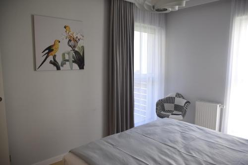 a bedroom with a bed and a bird picture on the wall at Apartament Pod Papugami in Toruń