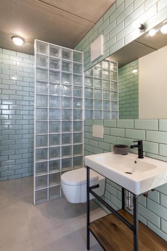 a bathroom with a sink and a toilet at GH1 Aparthotel am Glockenplatz in Ehingen