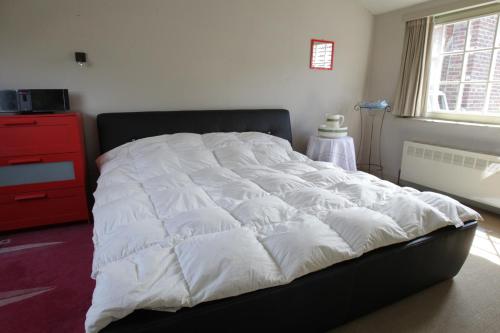 1 cama blanca grande en un dormitorio con vestidor rojo en Ten-Briele en Bornem