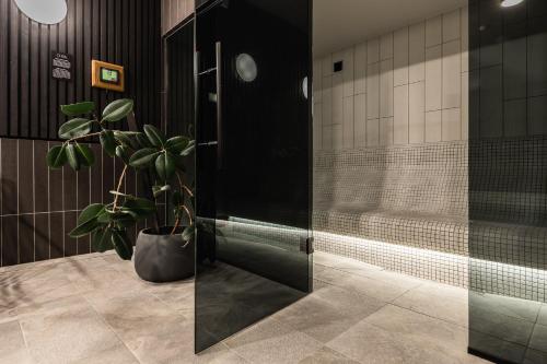 a bathroom with a plant next to a glass door at OTTO Hotel & Sun in Pāvilosta