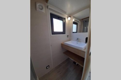 y baño con lavabo y espejo. en Maison Tiny House 2 chambres Soulac a 500m plage en Soulac-sur-Mer