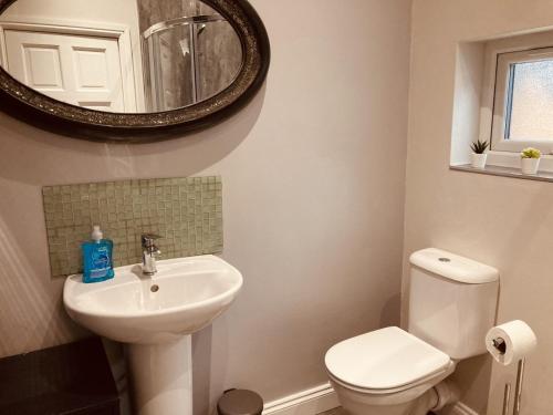 a bathroom with a sink and a toilet and a mirror at Stunning Stylish & Spacious Ground Floor Apartment, Kidderminster in Kidderminster