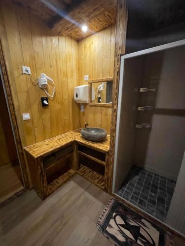 a wooden bathroom with a sink and a shower at gite du vieux bourg in Le Vieux Bourg