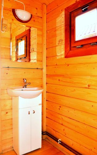 a bathroom with a sink and a window at Domki Olina in Polańczyk