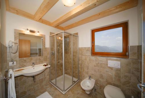 a bathroom with a shower and a sink and a toilet at Gasthof Falger in Vollan