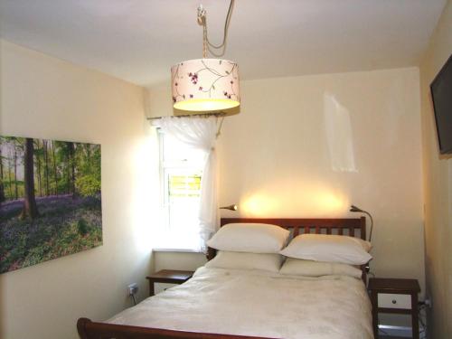 1 dormitorio con 1 cama con ventana y lámpara de araña en Glendalough 11 Minutes from Beautiful Farmhouse Apartment, en Wicklow