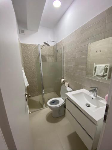 a bathroom with a toilet and a shower and a sink at B&B Andero Deva in Deva