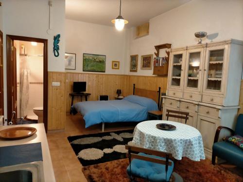 een slaapkamer met een bed en een tafel in een kamer bij ALL IN ONE. TODO EN UNO. in Bérriz