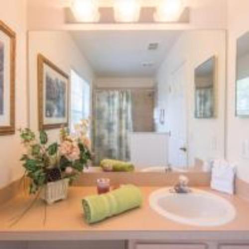 a bathroom with a sink and a large mirror at Mike & Christine's West Haven Vacation Home in Davenport
