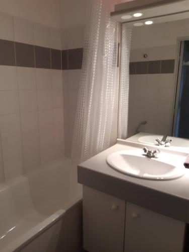 a bathroom with a sink and a tub and a mirror at Le cosy de Saint Jean in Saint-Jean