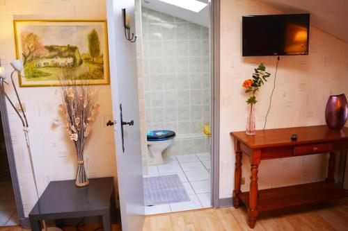a bathroom with a shower with a toilet and a television at Maison spacieuse à Thénac avec piscine privée in Thénac
