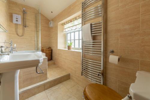 a bathroom with a sink and a shower and a toilet at Theaked Stones in Leyburn