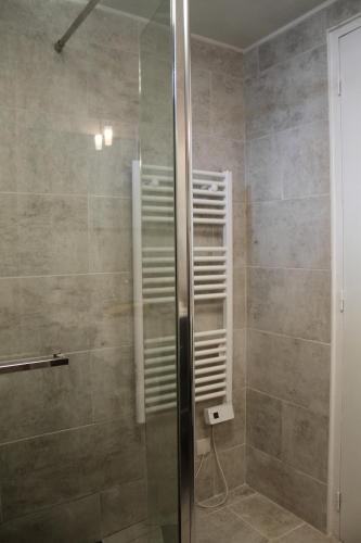 a shower with a glass door in a bathroom at Le Potier Jovial in Ger