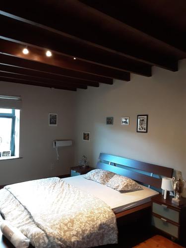 Schlafzimmer mit einem Bett mit blauem Kopfteil in der Unterkunft ’t Wielerpension in Steenhuize-Wijnhuize