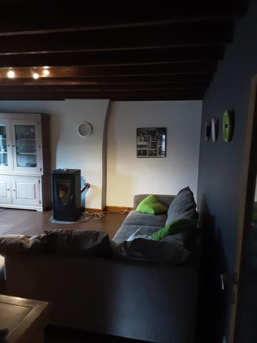 a living room with a couch and a stove at ’t Wielerpension in Steenhuize-Wijnhuize