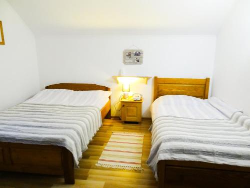 a bedroom with two beds and a night stand with a lamp at Casa Lotrilor in Malaia