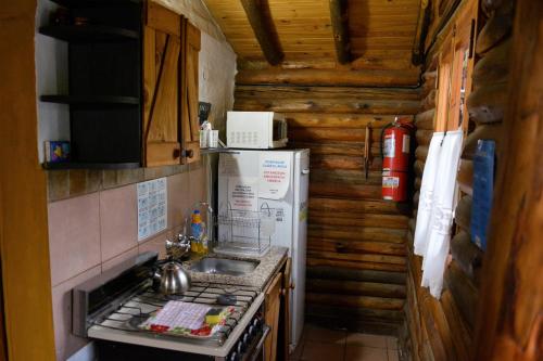 a small kitchen with a refrigerator and a sink at Kpriccio Cabanas in Potrerillos