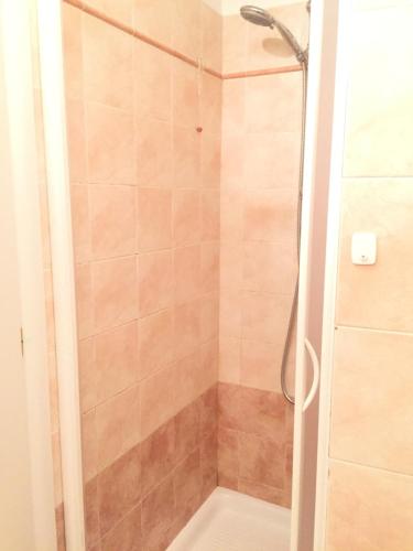 a shower with a glass door in a bathroom at Appartamenti Sentiero n1 in Levanto