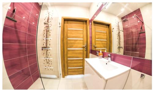 een badkamer met een wastafel, een douche en een spiegel bij Apartament 75,143 Porta Mare in Dziwnówek