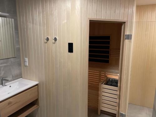 ein Bad mit einem Waschbecken und einer Dusche in der Unterkunft Villa Kreischberg in Sankt Lorenzen ob Murau