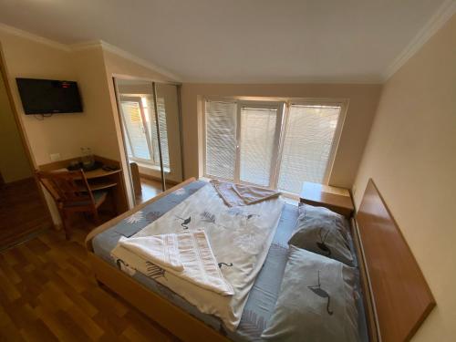 a bedroom with a bed in a room with windows at Ковчег in Chernivtsi