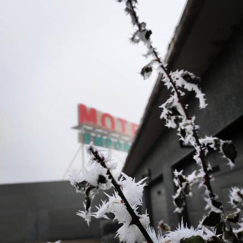 a branch with snow on it in front of a building at Motel Emporio in Cabezón de Pisuerga