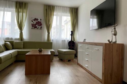 a living room with a green couch and a tv at Newly renovated 2 rooms apartment downtown Nitra in Nitra